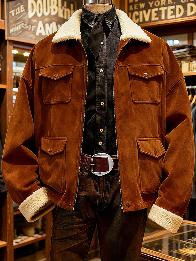 Men's Vintage Suede Patchwork Plush Multi-Pocket Reverse Collar Outdoor Jacket