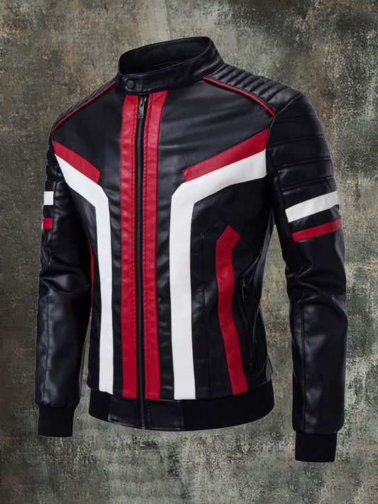 Men'S Fashion Casual Stitching Contrast Color Stand Collar Motorcycle Leather Jacket