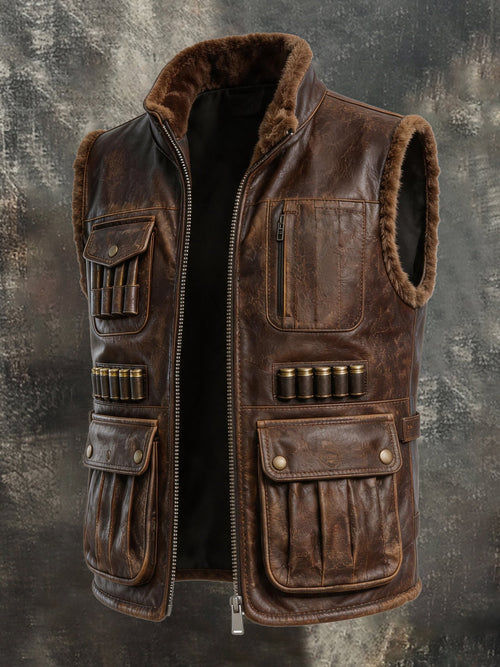 Men's Vintage-Style Leather Outdoor Multi-Pocket Warm Vest with Fur Collar