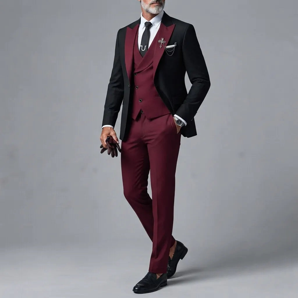 Men's Business Contrast Peak Lapel Blazer & Asymmetric Button Shawl Lapel Vest & Pants 3Pcs Suit