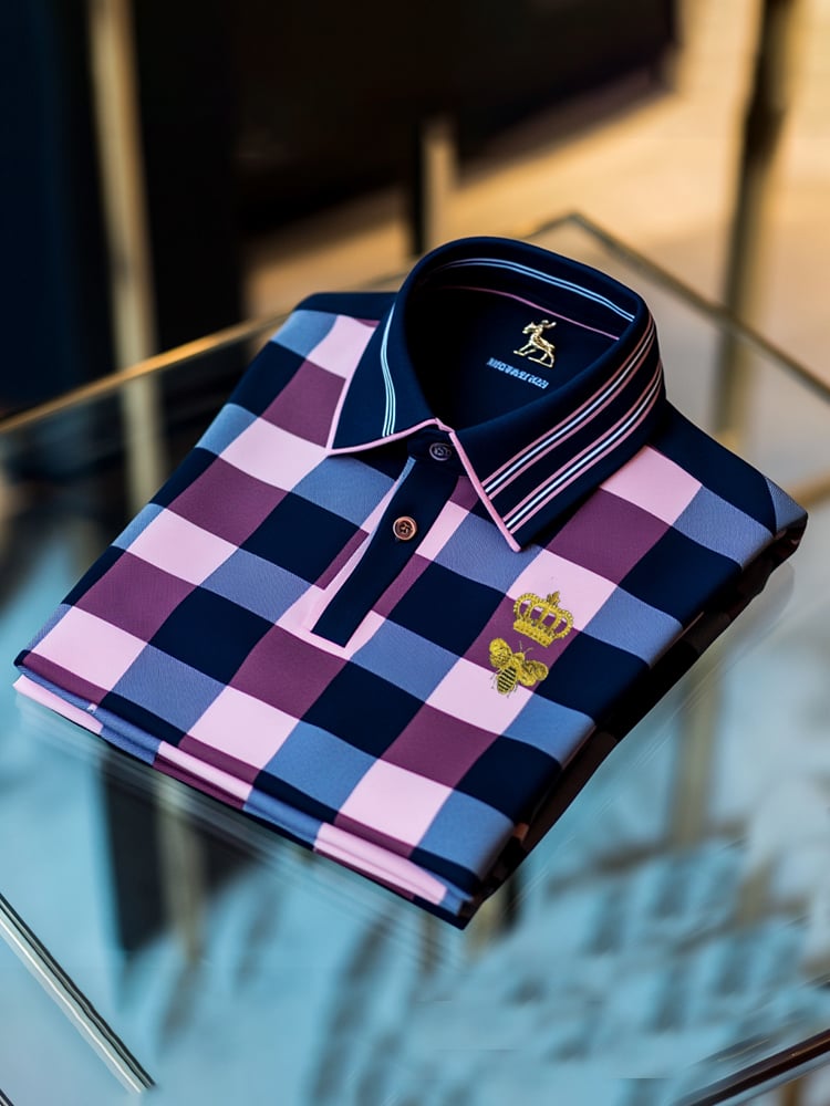 Men's Classic Business Check Logo Button Short Sleeve Polo Shirt