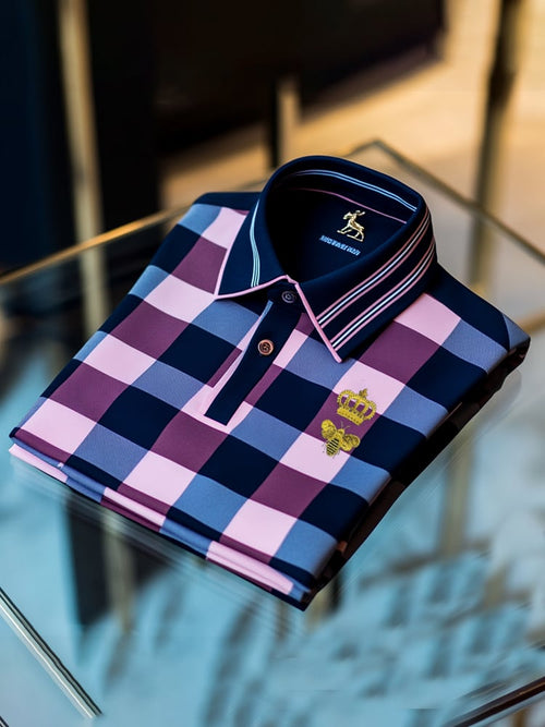 Men's Classic Business Check Logo Button Short Sleeve Polo Shirt