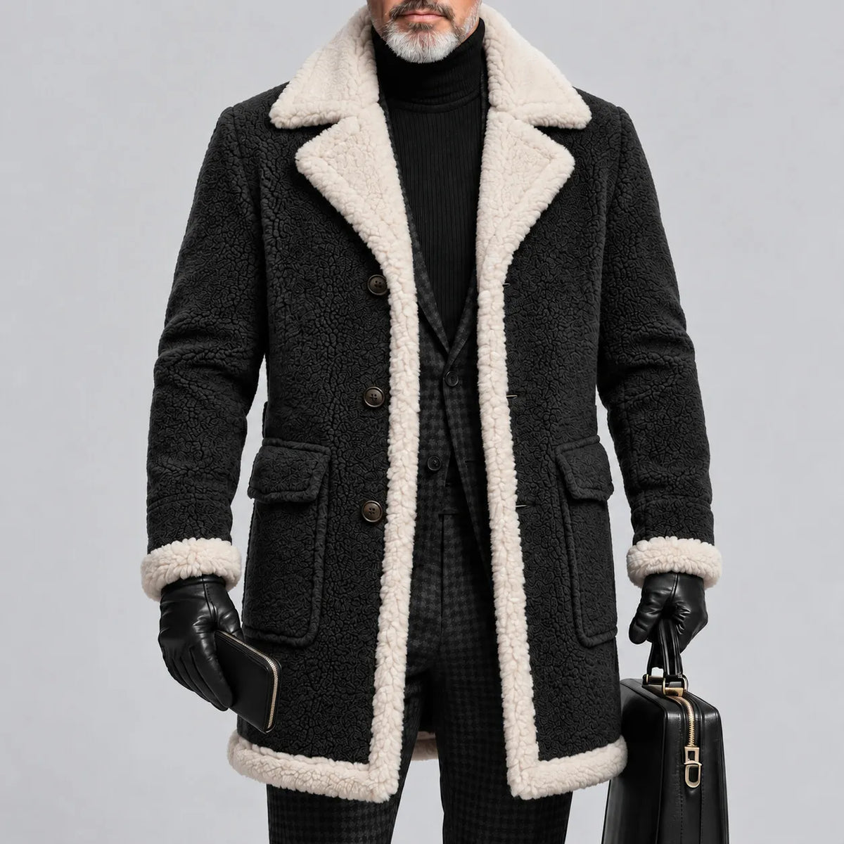 Men's Solid Color Lapel Collar Single Breasted Flap Pockets Sherpa Lined Trench Coat