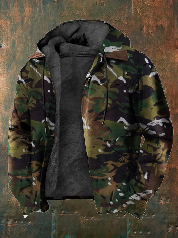 Men's Retro Western Style Multi-Pocket Fleece Camouflage Jacket