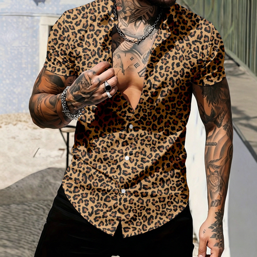 Men's Casual Dark Brown Leopard-Print Short-Sleeve Shirt