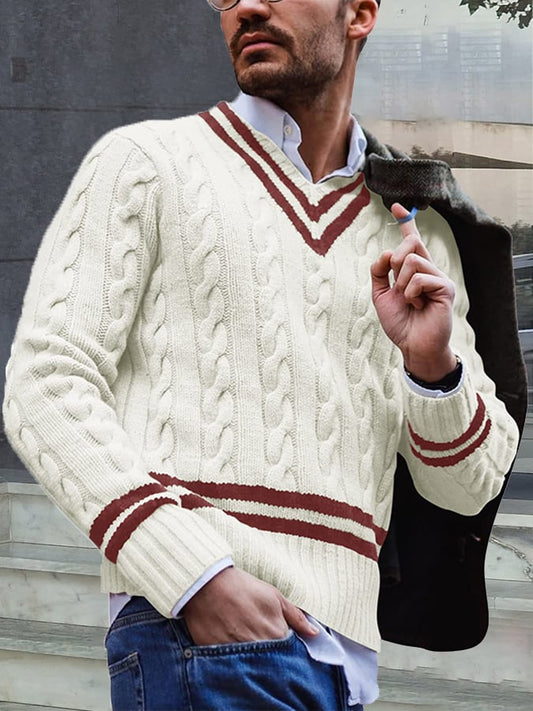 Men's Casual Striped Contrast V-Neck Cable Knit Sweater