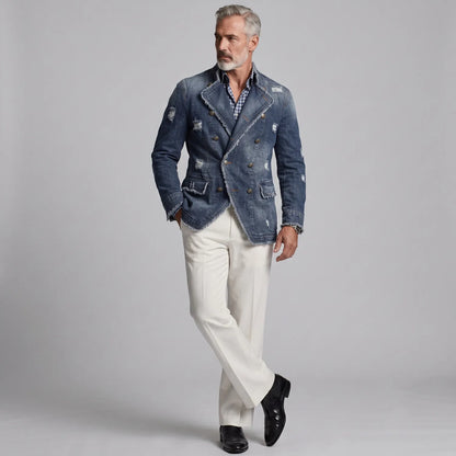 Men's Retro Ripped Frayed Edge Stand Collar Double-Breasted Denim Jacket