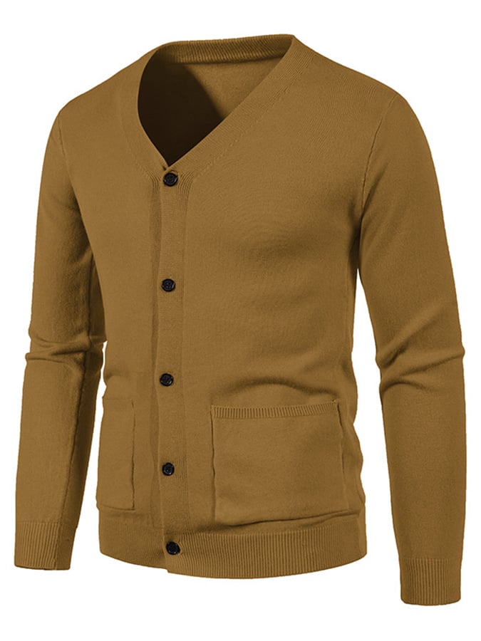 Men's Fashionable Pocket Button Design V-Neck Solid Color Sweater Jacket
