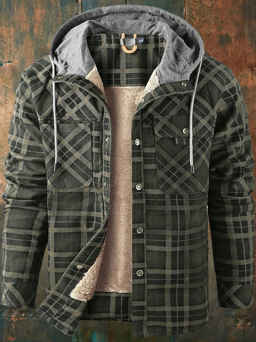 Men's Vintage Plaid Hooded Plus Velvet Autumn And Winter Jacket