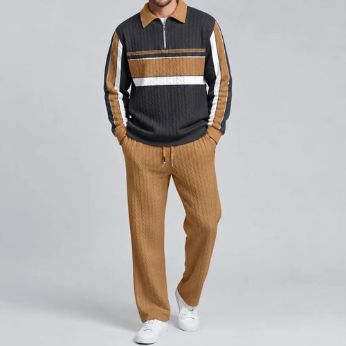 Men's Striped Patchwork Polo Shirt and Pants Set