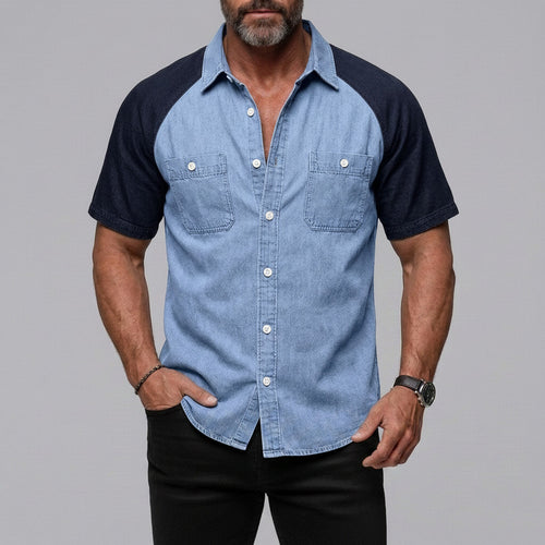 Men's Casual Patch Pockets Button-Up Colorblock Raglan Sleeve Shirt