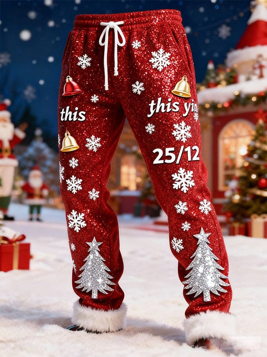 Men's Christmas Patchwork Furry Sequin Print Casual Pants