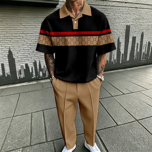 Men's Casual Black Plaid Printed Polo Shirt And Pants Two-Piece Set