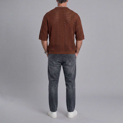 Openwork Mesh-Knit Short-Sleeve Polo Shirt