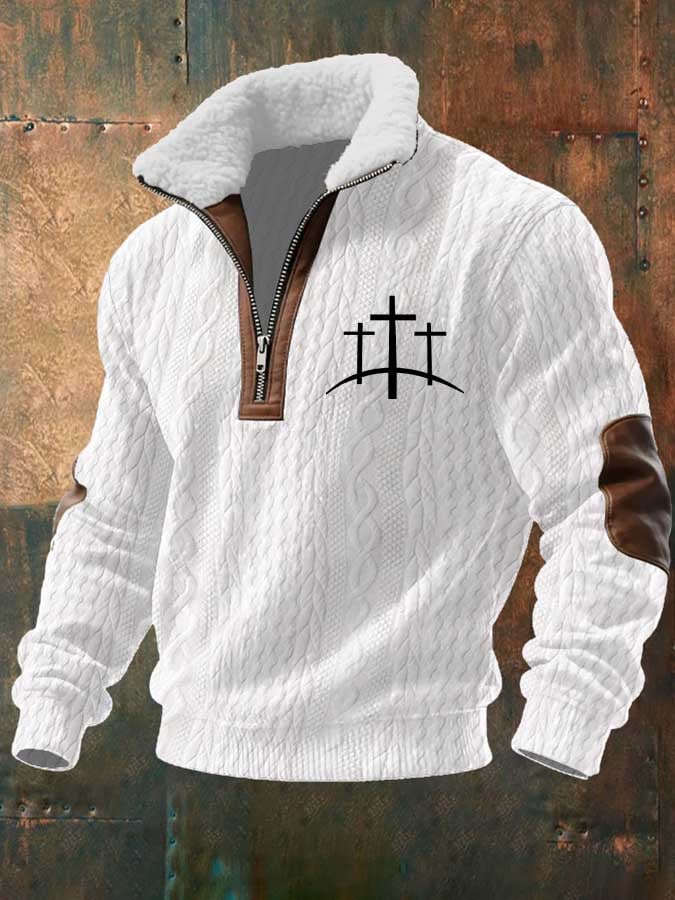 Men's Fur Collar Faith Jacquard Fabric Zipper Neck Long Sleeve Sweatshirt