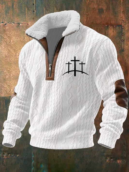 Men's Fur Collar Faith Jacquard Fabric Zipper Neck Long Sleeve Sweatshirt