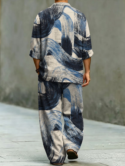 Elegant Sophisticated And Casual Dry-brush Style Decorative Patterns. Long Sleeve Cotton Linen Top And Pants Set