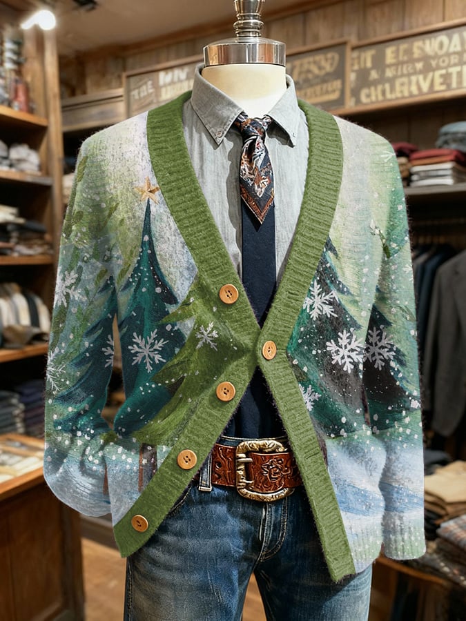 Men's Retro Christmas Print Cardigan