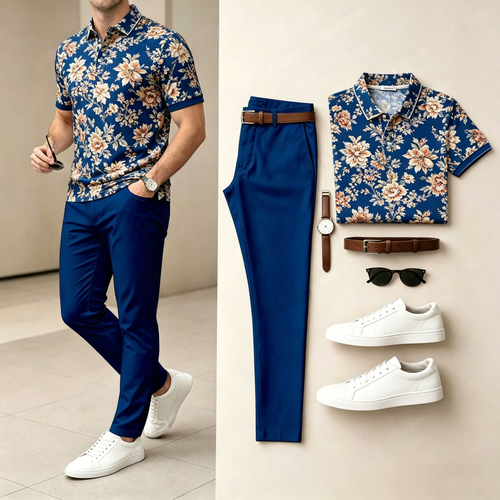 Men's Casual Floral-Print Short-Sleeve Polo Shirt And Pants Set (Excludes Accessories Such As Watches And Belts)