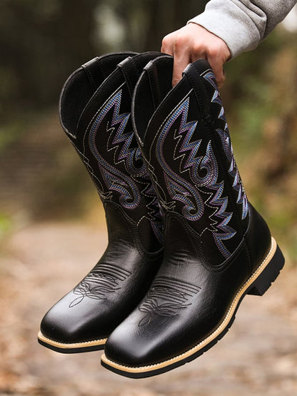 Men's High-Top Embroidered Vintage Wide-Toe Western Cowboy Boots