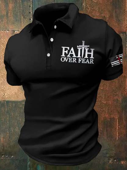 Men's Independence Day flag cross print faith overcomes fear casual po