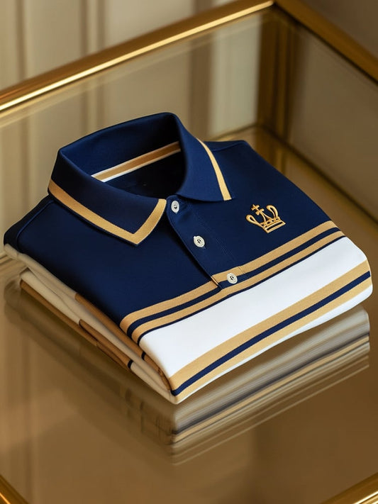 Men's Business Casual Striped Crown Logo Button Short Sleeve Polo Shirt
