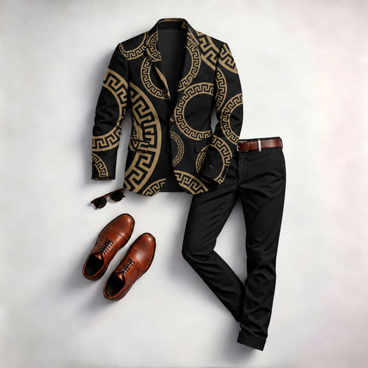 Men's Two-Piece Suit Set with Interlocking Pattern Print Jacket and Pants
