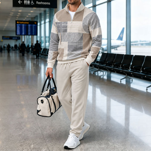 Men's Geometric Print Stand-Up Collar Long-Sleeve Shirt and Pants Set