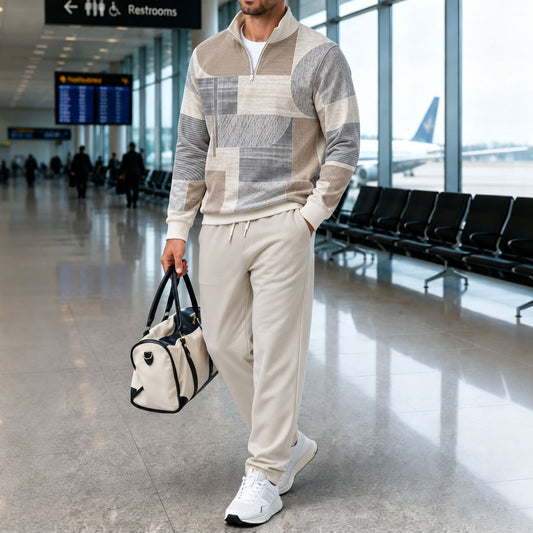 Men's Geometric Print Stand-Up Collar Long-Sleeve Shirt and Pants Set