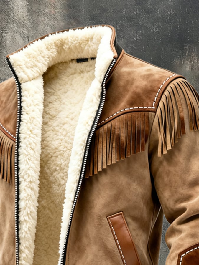 Men's Vintage Warm Suede Stitching Tassel Outdoor Jacket