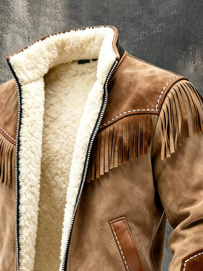 Men's Vintage Warm Suede Stitching Tassel Outdoor Jacket