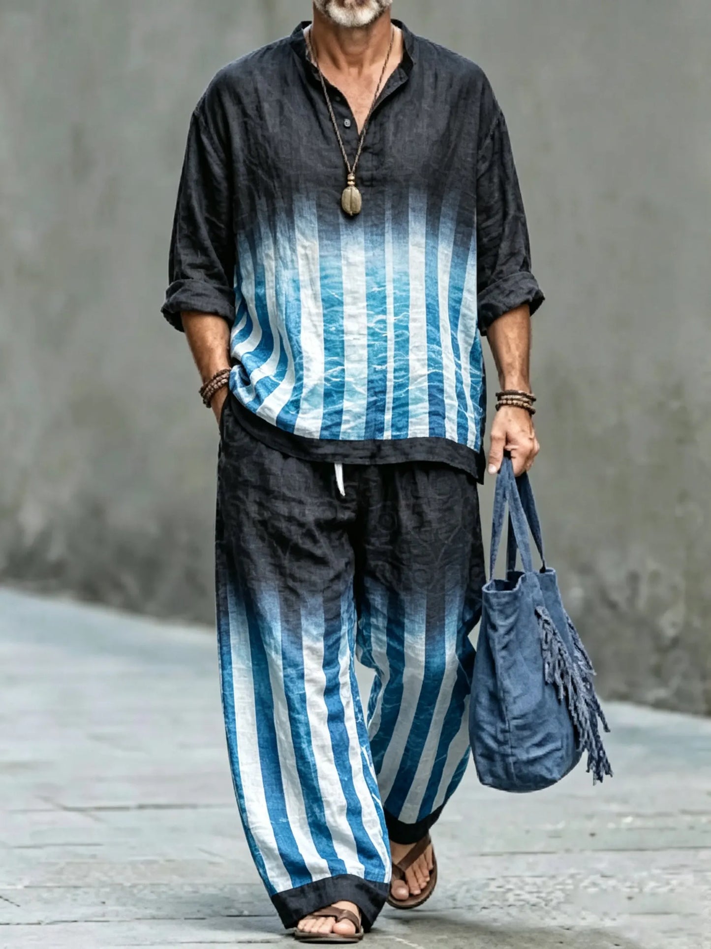 Men's Vintage Abstract Art Printed Cotton Shirt Set (Top & Pants)