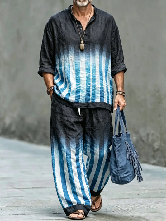 Men's Vintage Abstract Art Printed Cotton Shirt Set (Top & Pants)