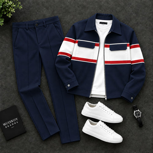 Men's Two-Piece Set: Color-Blocked Lapel Jacket and Pants