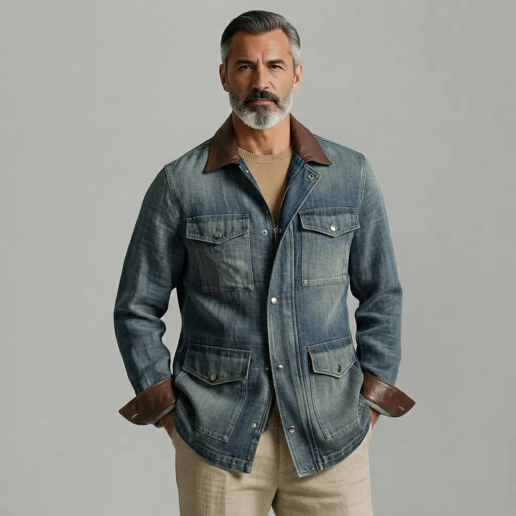Men's Vintage Multi-Pocket PU Leather Patchwork Turndown Collar Zip-Up Denim Jacket
