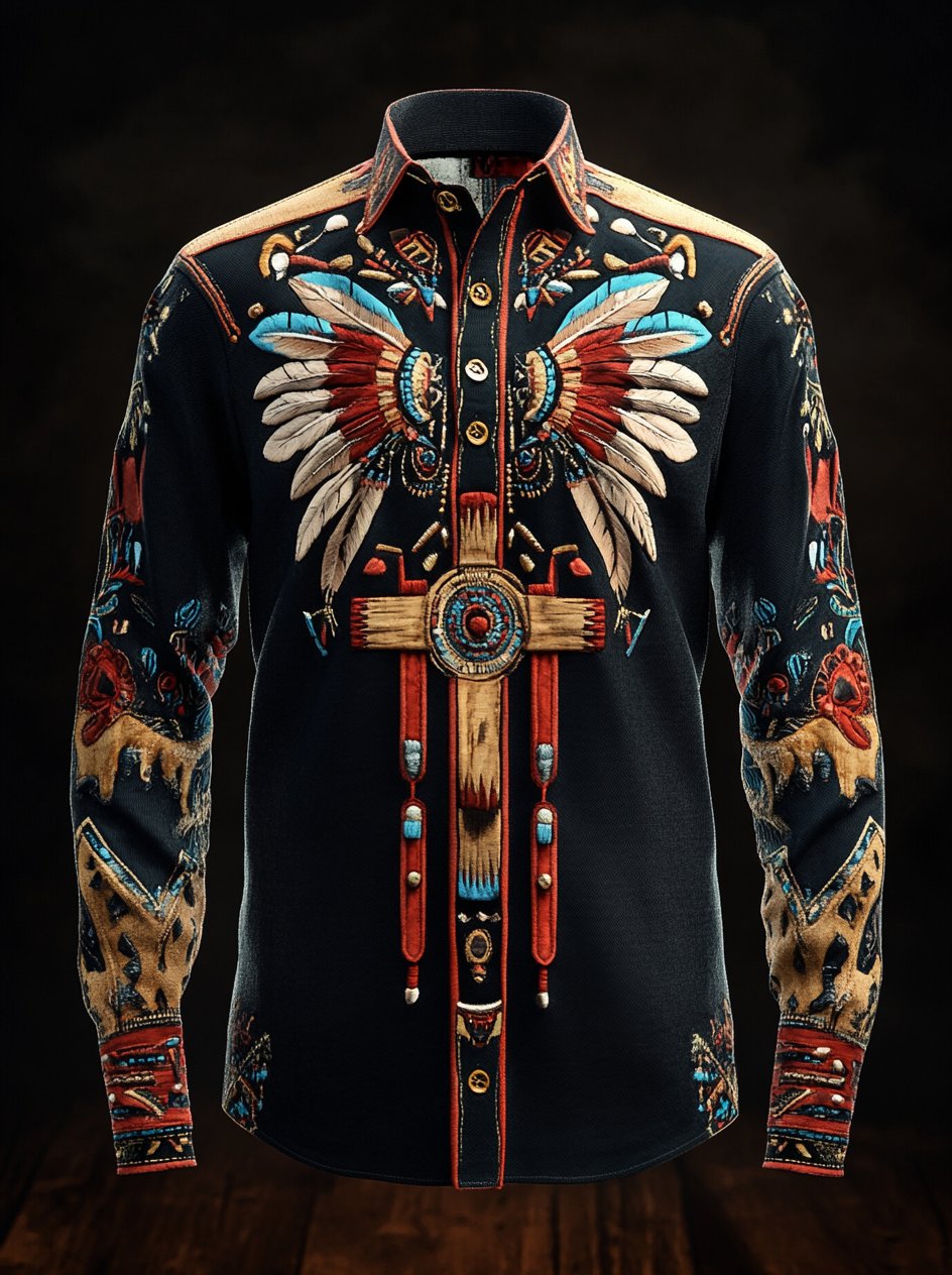 Men's Western Vintage Indian Totem Print Long Sleeve Shirt