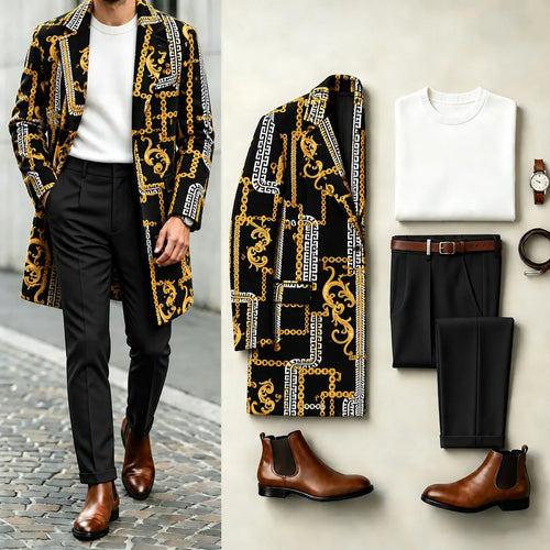 Men's Black and Gold Chain-Print Suit Set: Coat, Knit Sweater, and Pants