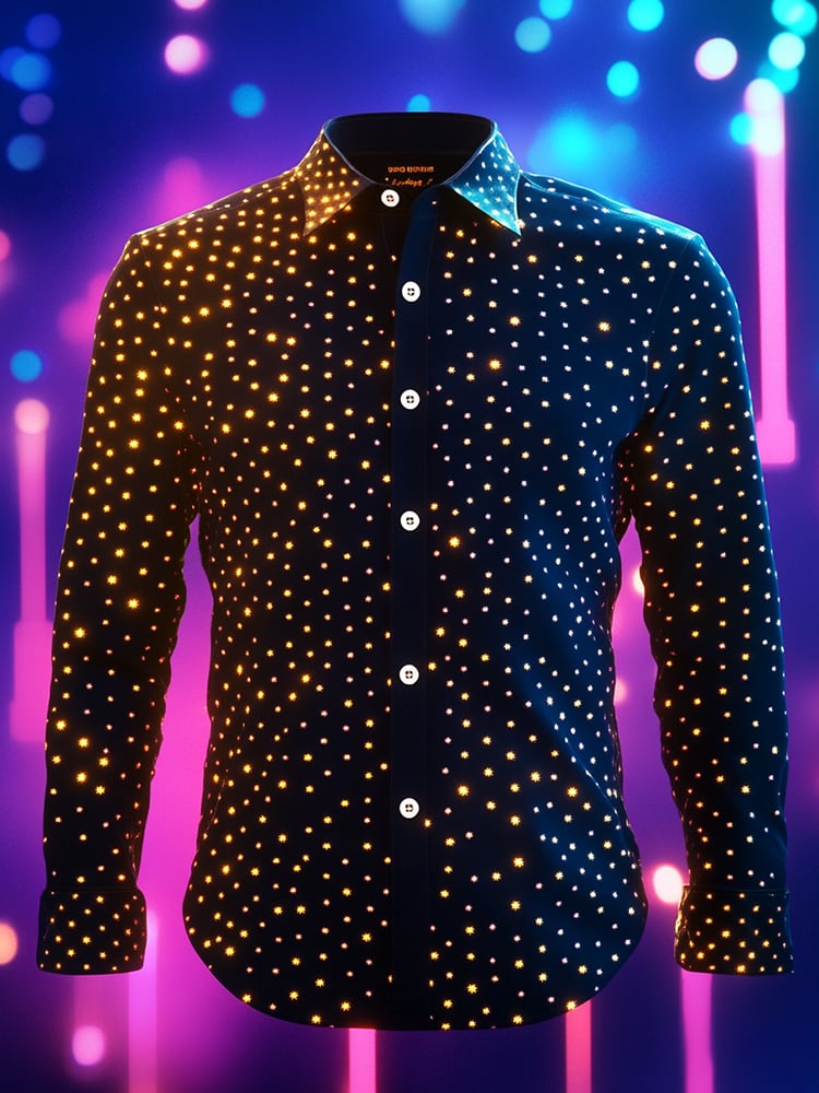 Men's Business Casual Gold Polka Dot Print Lapel Long Sleeve Shirt
