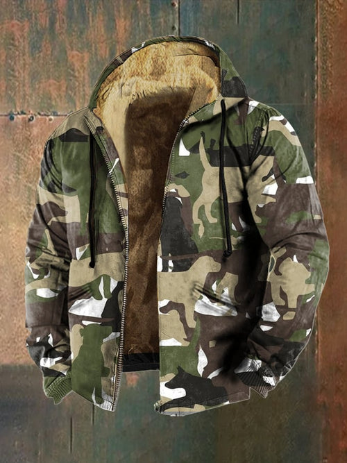 Men's Retro Camouflage Dog Print Fleece Jacket