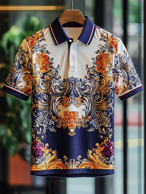 Men's Business Casual Baroque Art Button Short Sleeve Polo Shirt