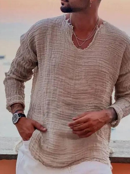 Men's Linen Shirt Summer Shirt Beach Wear Casual Shirt Plain Vacation Curise White Blue Brown Khaki Long-Sleeve V Neck Spring & Summer Clothing Apparel
