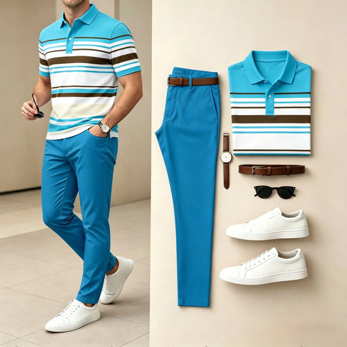 Men's Casual Royal Blue Printed Polo Shirt And Pants Two-Piece Set
