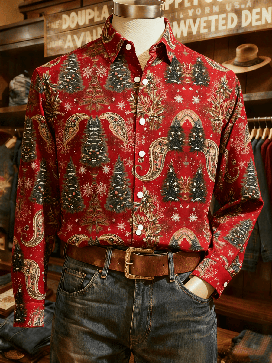 Men's Business Paisley Christmas Evergreen Print Long-Sleeve Shirt