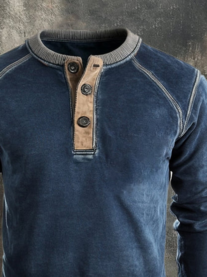Men's Retro Stitching Contrast Color Henley Collar Casual Long Sleeve Sweatshirt