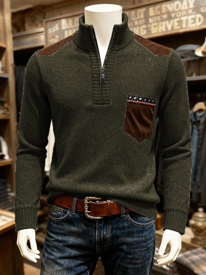 Men's Warm Heathered Contrast Half-Zip Sweater