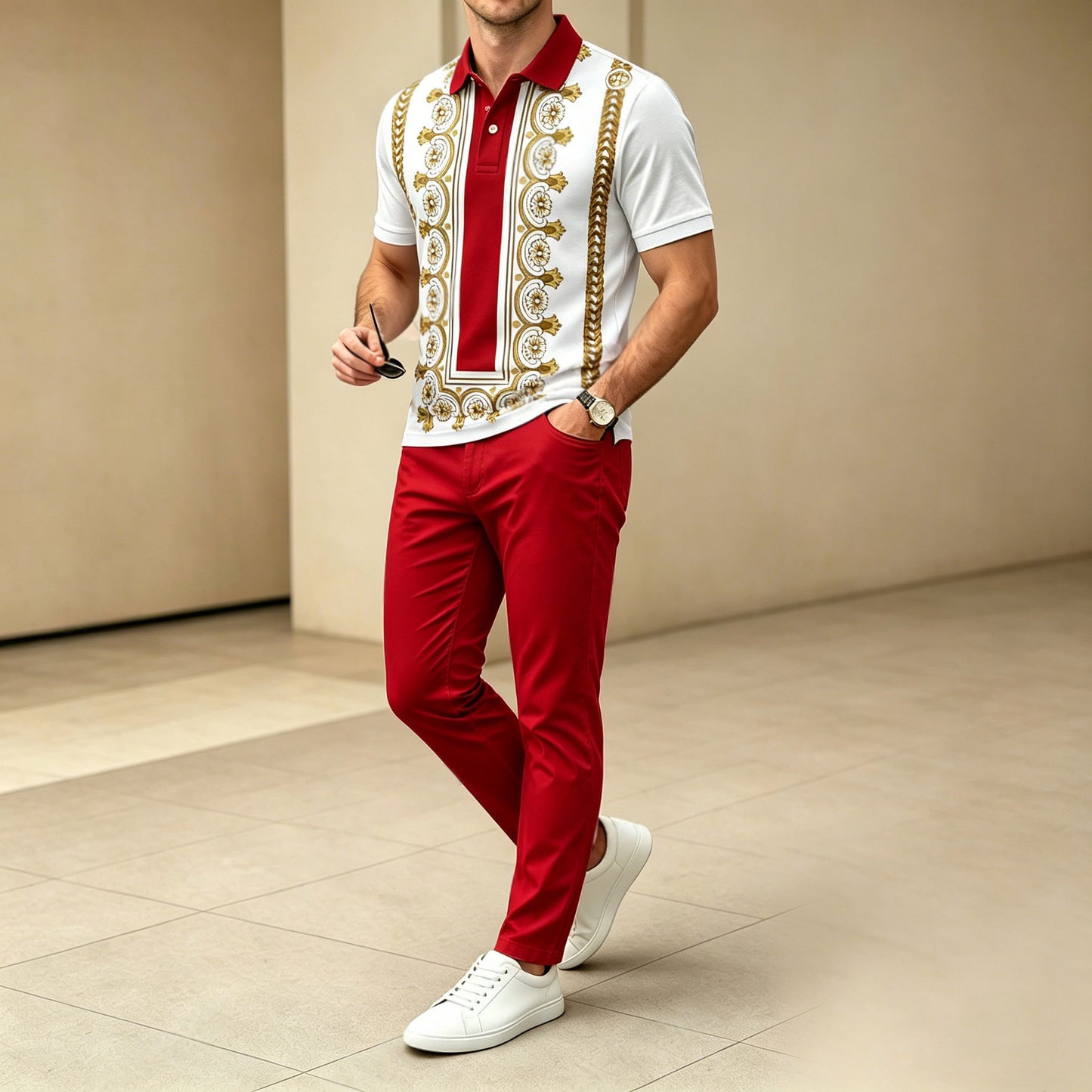 Men's Casual Red Printed Polo Shirt And Pants Two-Piece Set