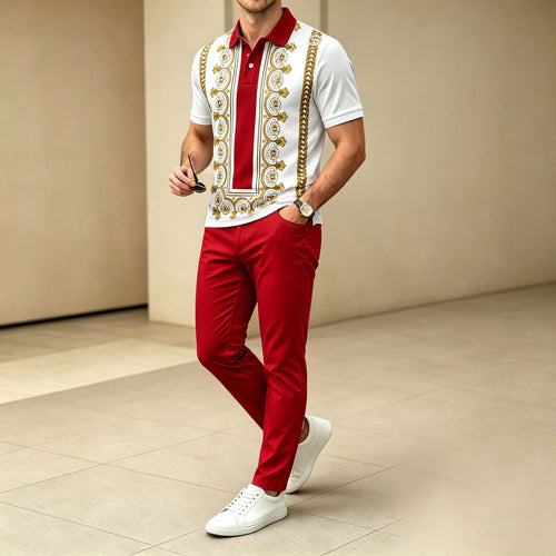 Men's Casual Red Printed Polo Shirt And Pants Two-Piece Set