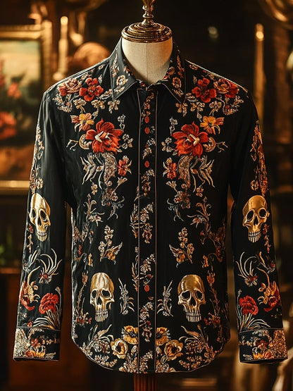 Men's Retro Casual Skull Print Long Sleeve Shirt