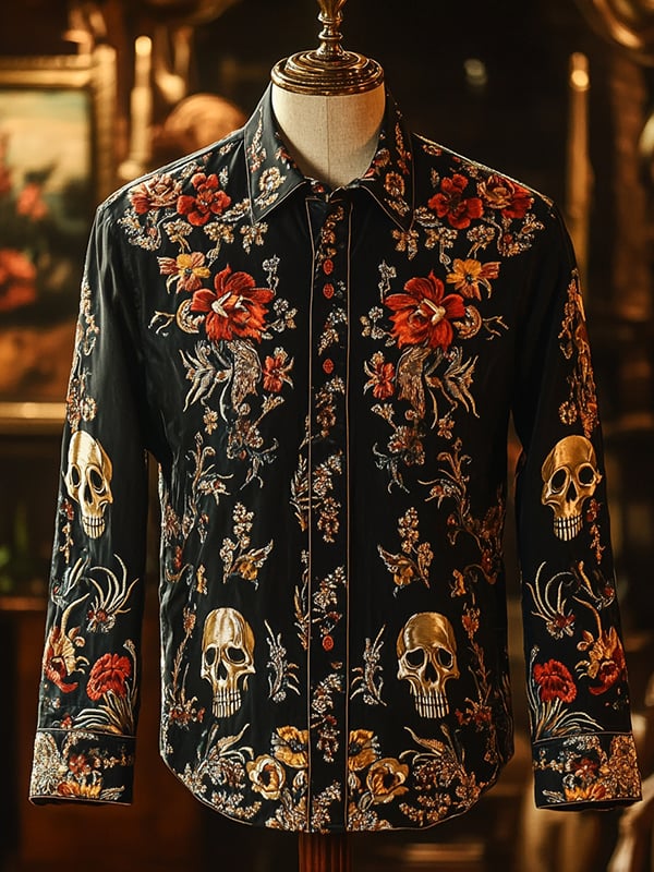 Men's Retro Casual Skull Print Long Sleeve Shirt