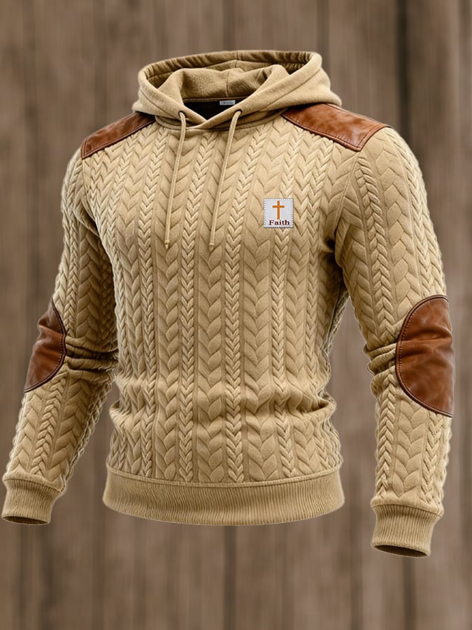 Men's Vintage Knitted Jacquard and Leather Patchwork Hooded Sweatshirt
